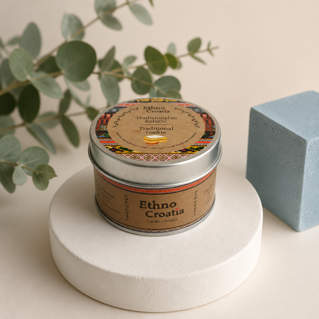 Scented Candle – Traditional Cookie (Ethno Croatia) Tin of 'Ethno Croatia' cookies on a white pedestal with a plant and blue block in the background. snc shopncro