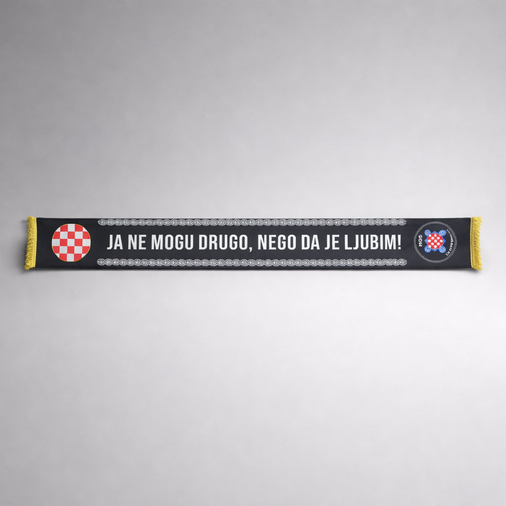 Silk Scarf HOS Ja Ne Mogu Drugo, Nego Da Je Ljubim Scarf with text and flags on a gray background