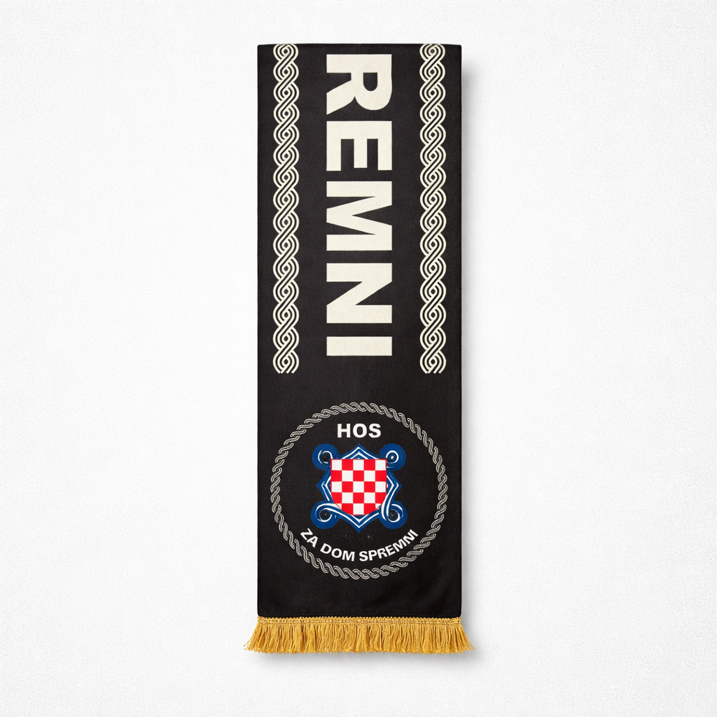 Silk Scarf HOS Za Dom Spremni Black scarf with white text and a logo on a white background