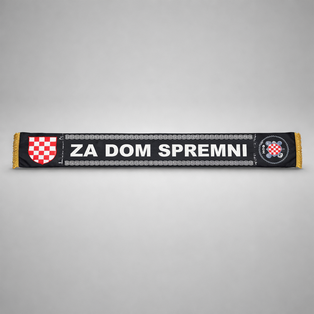 Silk Scarf HOS Za Dom Spremni Black scarf with text and logos on a gray background
