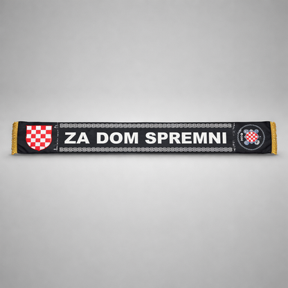 Silk Scarf HOS Za Dom Spremni Black scarf with text and logos on a gray background