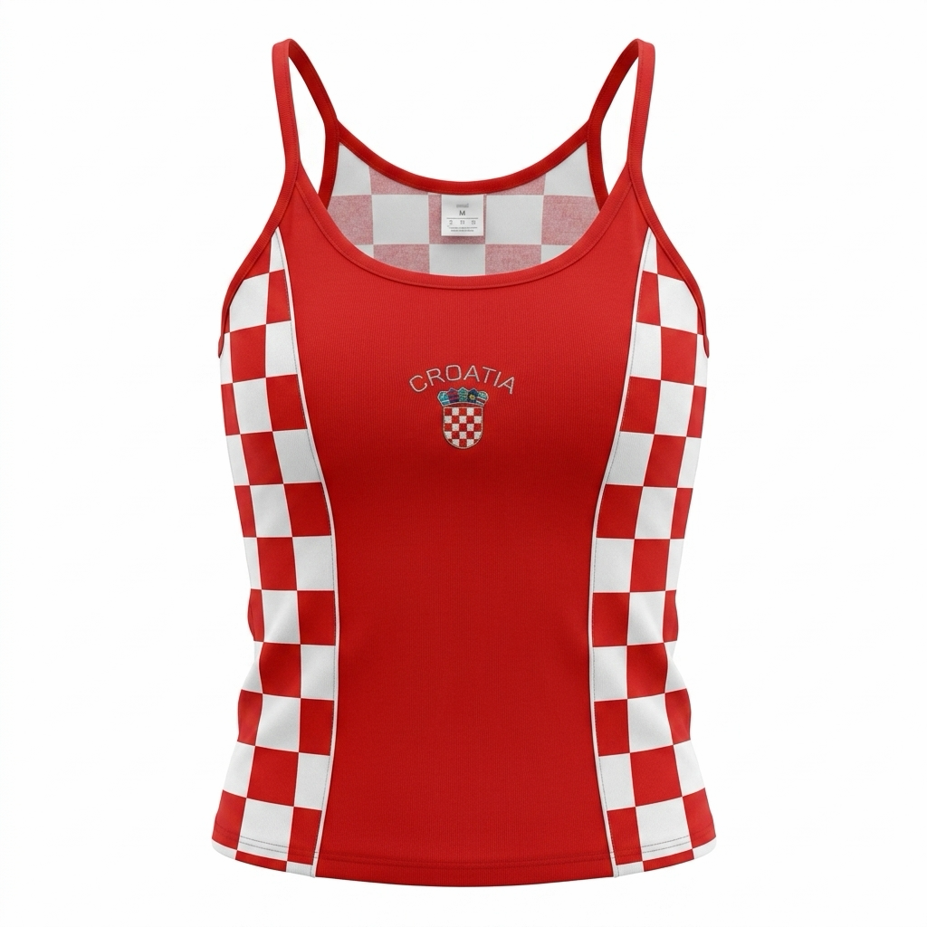 Singlet Top Croatia Red Red tank top with white checkered pattern and 'Croatia' text on a white background