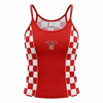 Singlet Top Croatia Red Red tank top with white checkered pattern and 'Croatia' text on a white background