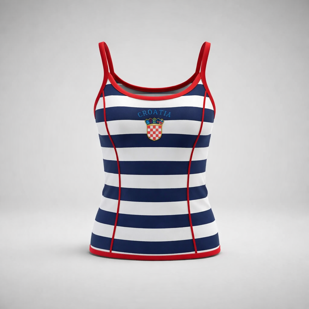 Singlet Top Croatia Stripe Striped tank top with red straps and Croatian emblem on a gray background