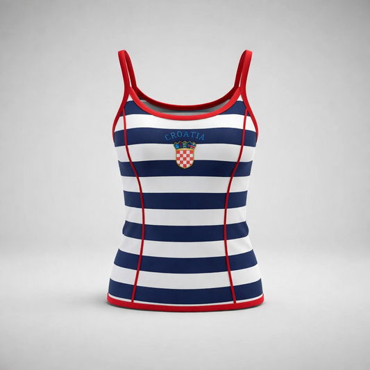 Singlet Top Croatia Stripe Striped tank top with red straps and Croatian emblem on a gray background