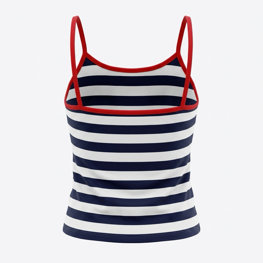 Singlet Top Croatia Stripe Navy and white striped tank top with red straps on a white background