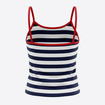 Singlet Top Croatia Stripe Navy and white striped tank top with red straps on a white background
