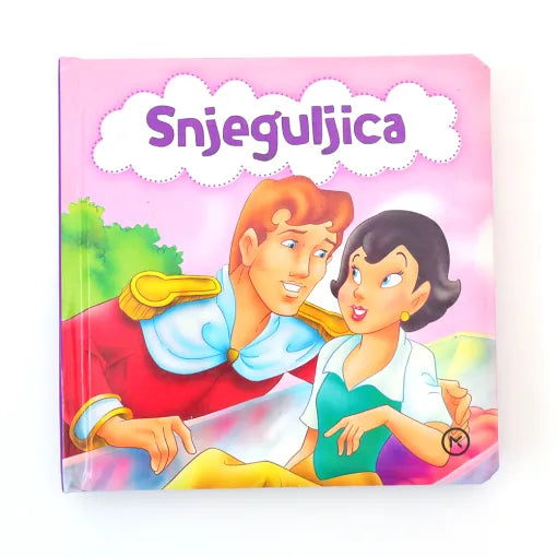 Snjeguljica Book cover with animated characters and 'Snjeguljica' text on a pink background