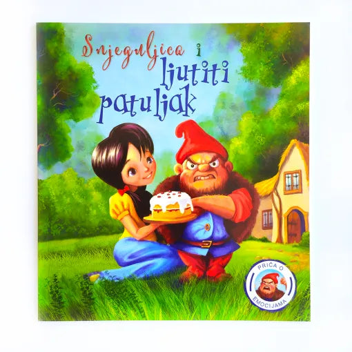Snjeguljica i Ljutiti Patuljak Book cover with two animated characters, a girl and a gnome, sitting on grass with a cake.