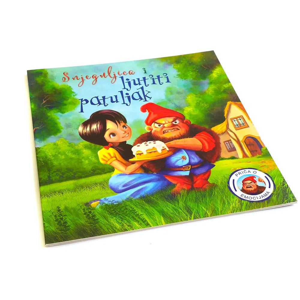 Snjeguljica i Ljutiti Patuljak Children's book cover with illustration of a girl and a gnome holding a cake, set against a green landscape.