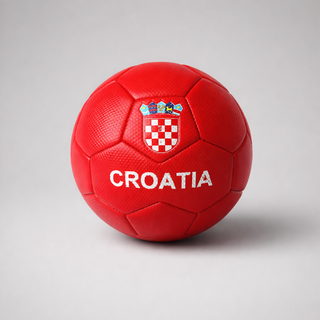 Soccer Ball Croatia in Red (full size) Red soccer ball with Croatia text and emblem on a gray background