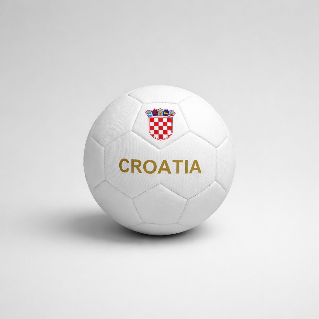 White soccer ball with Croatia text and emblem on a light gray background