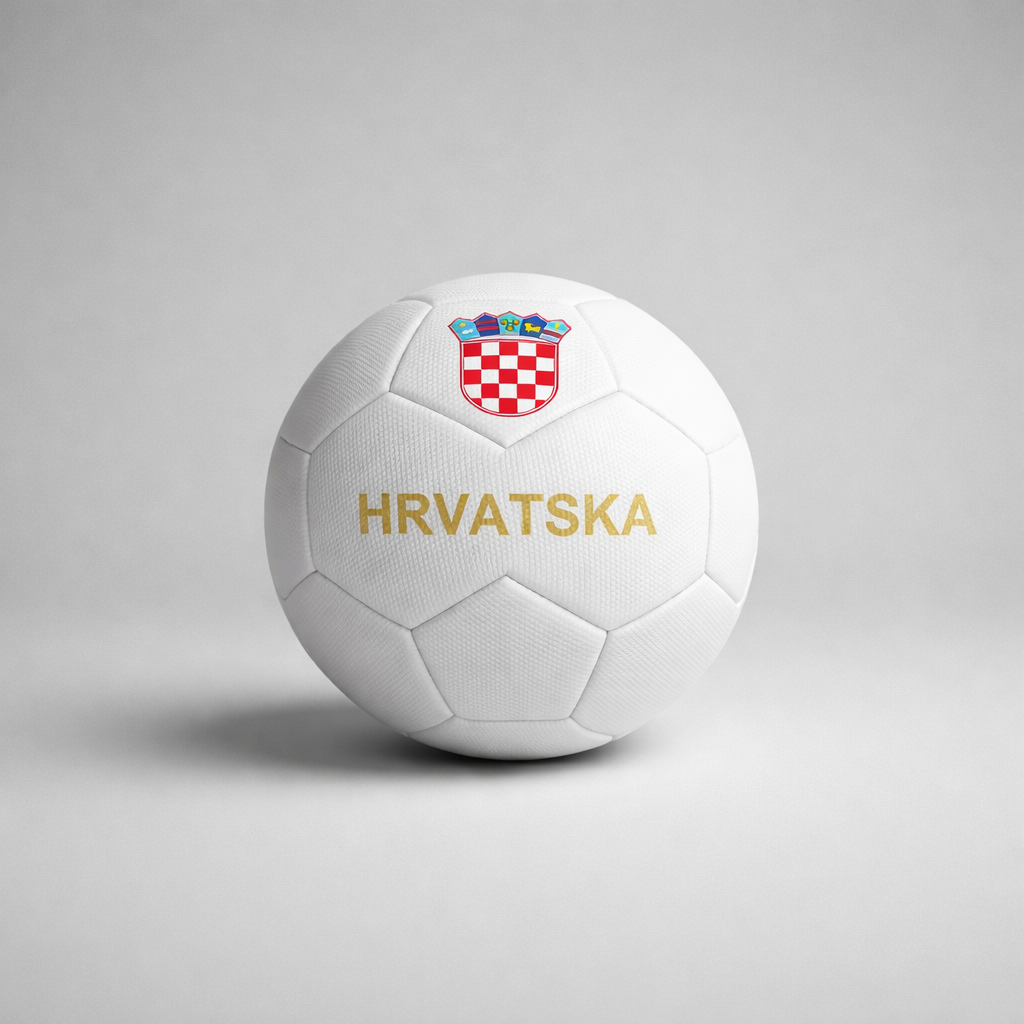 White soccer ball with Croatian emblem and 'HRVATSKA' text on a gray background