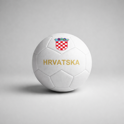 White soccer ball with Croatian emblem and 'HRVATSKA' text on a gray background