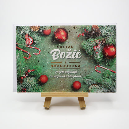 Sretan Božić Baubles Christmas Greeting Card  Decorative Christmas card with festive elements on a white background