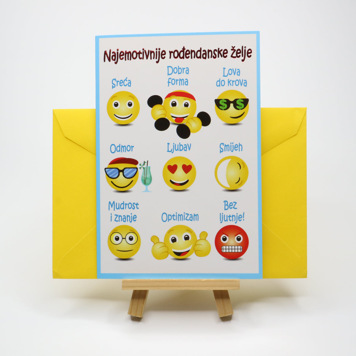 Sretan Rođendan Emoji Birthday Card Card with emoji designs and text on a yellow envelope