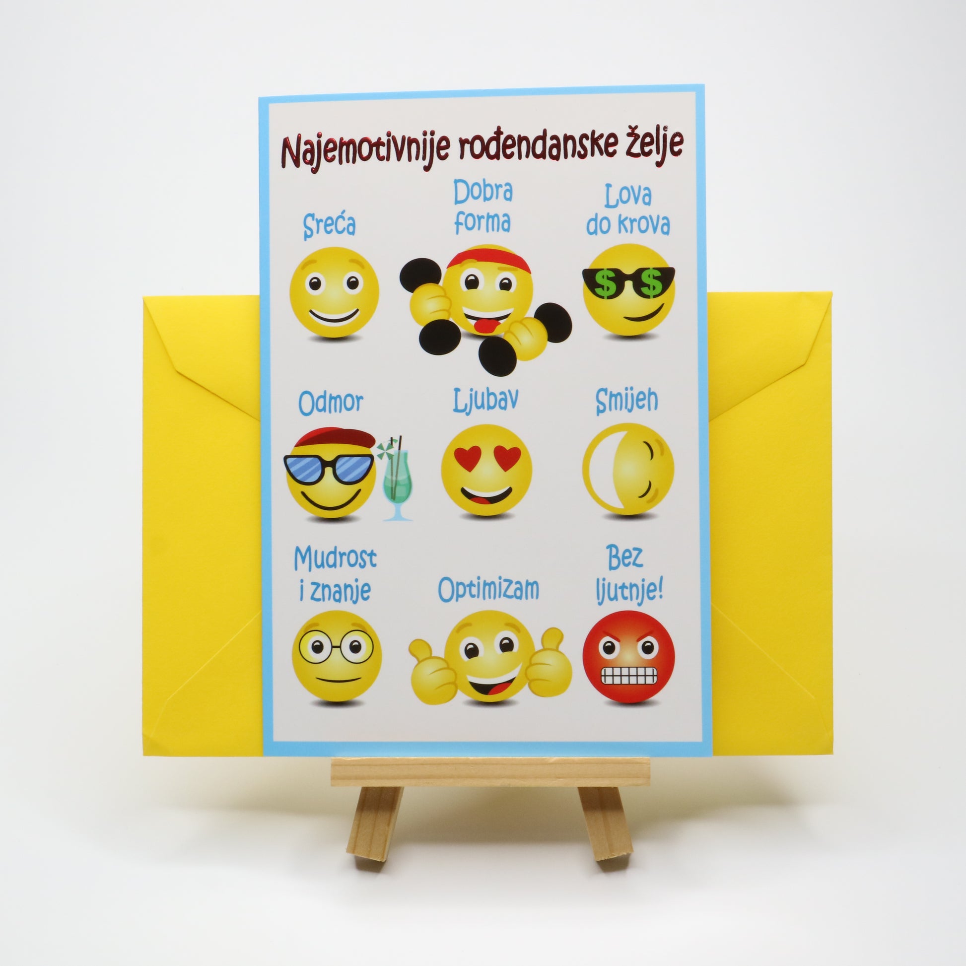 Sretan Rođendan Emoji Birthday Card Card with emoji designs and text on a yellow envelope