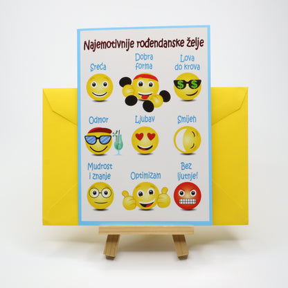 Sretan Rođendan Emoji Birthday Card Card with emoji designs and text on a yellow envelope