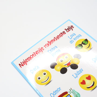 Sretan Rođendan Emoji Birthday Card Sheet with smiley face stickers and text on a white background