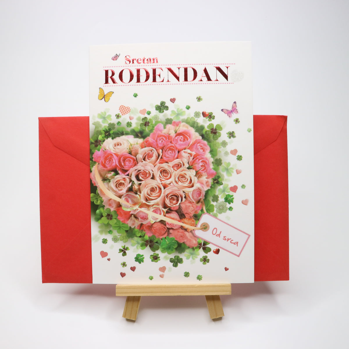 Sretan Rođendan Heart Glitter Birthday Card. Card with a heart-shaped arrangement of pink roses on a white background