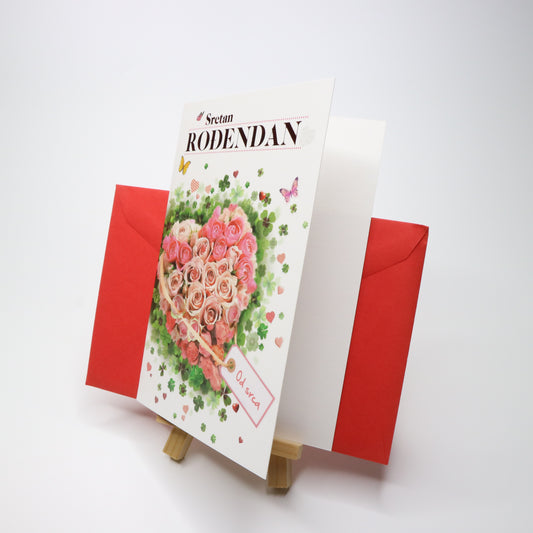 Sretan Rođendan Heart Glitter Birthday Card. Greeting card with floral design and red envelope on a white background