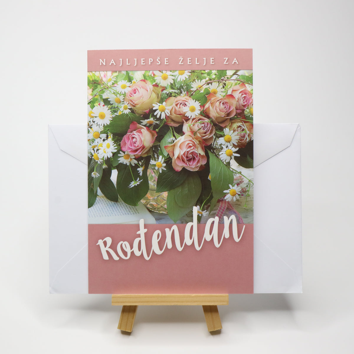 Sretan Rođendan Roses Birthday Card, Greeting card with floral design and 'Rodendan' text on a white background