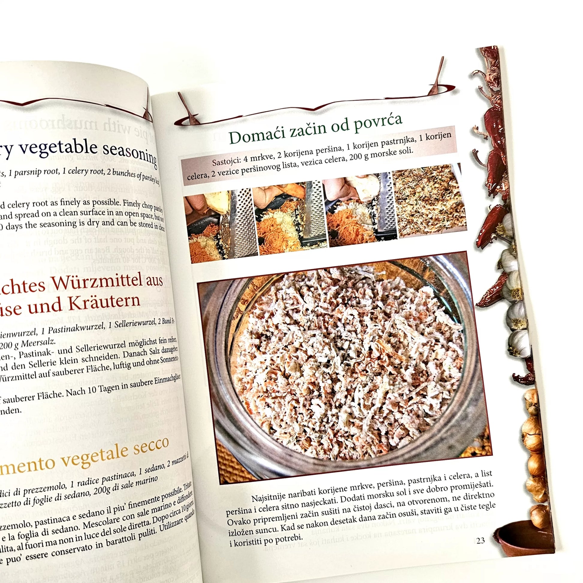 Stara Domaća Kuhinja | Croatian–English–Italian–German Cookbook (97 pages, Full Colour) Open cookbook showing a recipe for vegetable seasoning with images and text.