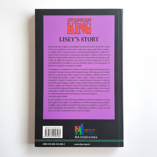 Stephen King - Liseyna Priča (Prvi dio) Back cover of 'Lisey's Story' by Stephen King with purple background and text.