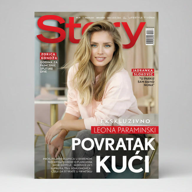 Story Magazine Magazine cover with a woman on the front, featuring text in a foreign language. Subscriptions