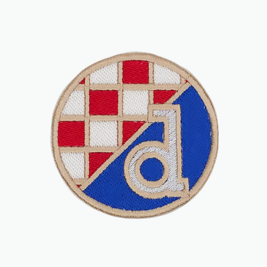 Dinamo Large Clothes Patch. Circular patch with red, white, and blue design on a white background
