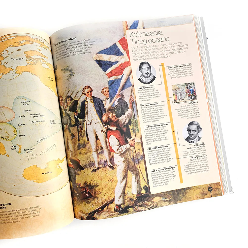 Svijet Na Crtama Vremena (World on the Lines of Time) Open book with historical illustrations and text on a white background