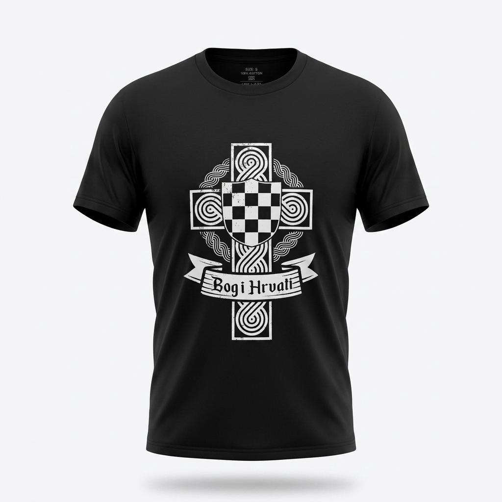 T-shirt Bog i Hrvati Black t-shirt with a white graphic design on a light gray background