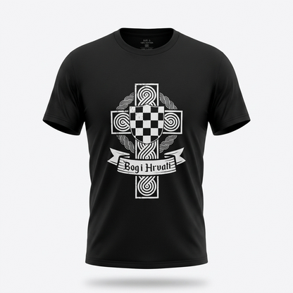 T-shirt Bog i Hrvati Black t-shirt with a white graphic design on a light gray background