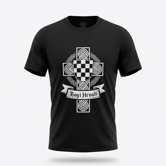 T-shirt Bog i Hrvati Black t-shirt with a white graphic design on a light gray background