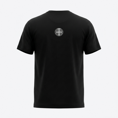 T-shirt Bog i Hrvati Black t-shirt with a white logo on the back against a white background