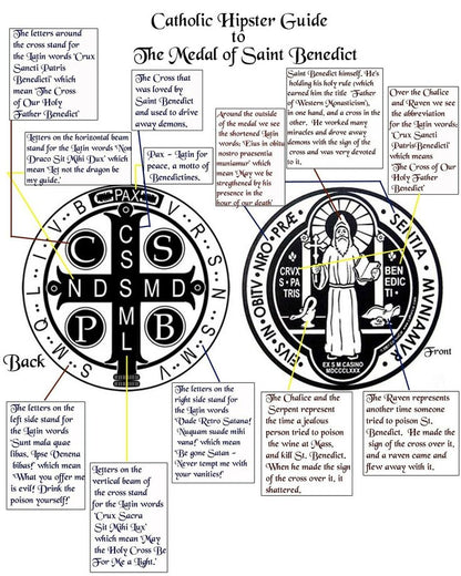 T-shirt Bog i Hrvati Catholic Hipster Guide to the Medal of Saint Benedict with detailed explanations and illustrations.