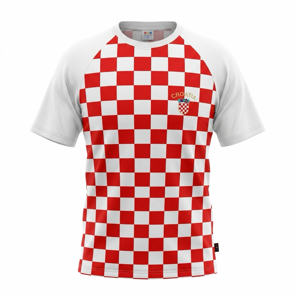 T-shirt Croatia Red and white checkered shirt with Croatia emblem on a white background