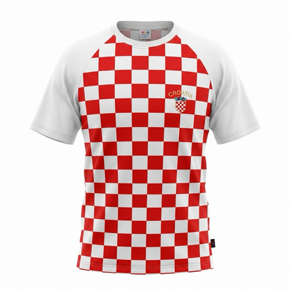 T-shirt Croatia Red and white checkered shirt with Croatia emblem on a white background
