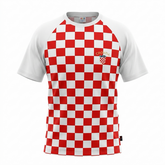 T-shirt Croatia Red and white checkered shirt with Croatia emblem on a white background