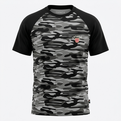 T-shirt Croatia Camo Prvo Bijelo Polje Camouflage t-shirt with black sleeves and Croatia flag logo on a white background