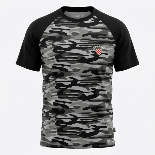 T-shirt Croatia Camo Prvo Bijelo Polje Camouflage t-shirt with black sleeves and Croatia flag logo on a white background