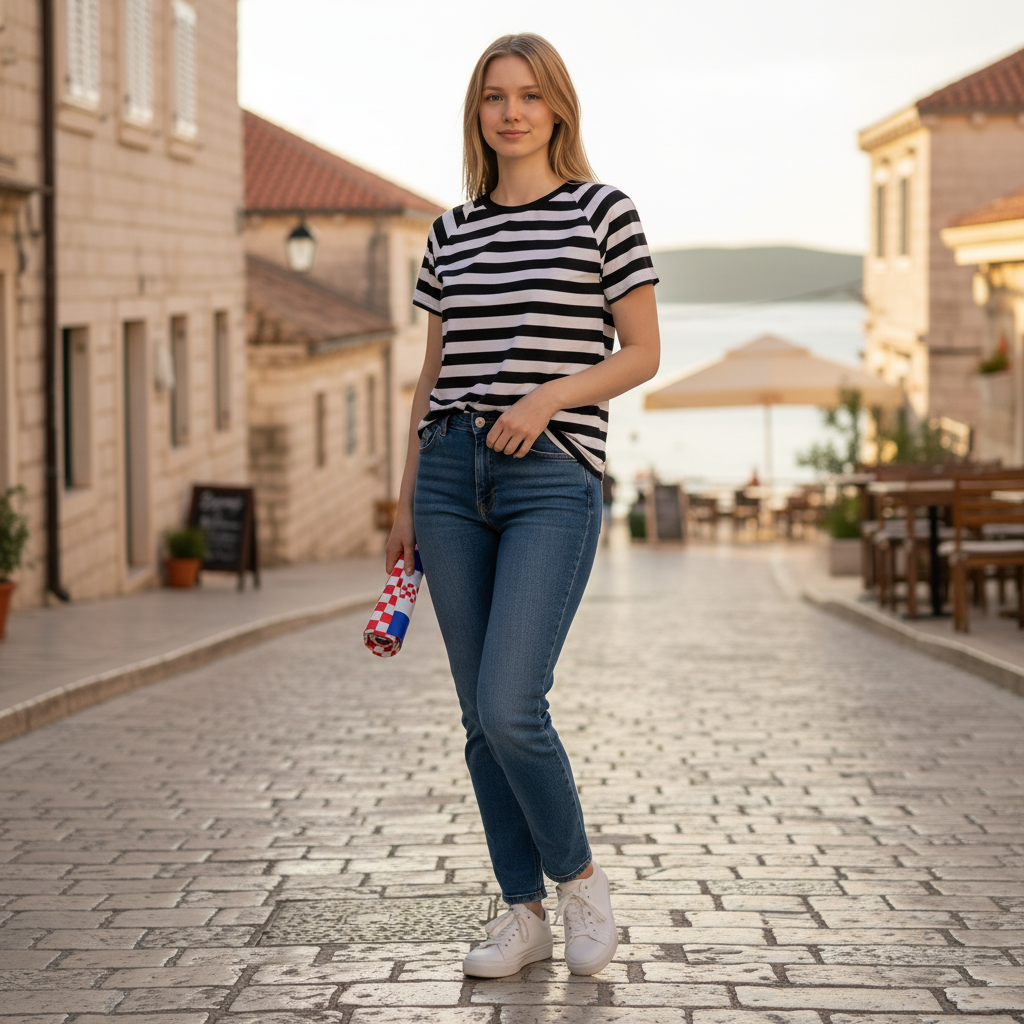 T-shirt Dalmatia Boat Neck Woman in a striped shirt and jeans standing on a cobblestone street.