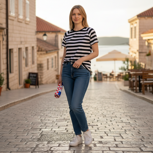T-shirt Dalmatia Boat Neck Woman in a striped shirt and jeans standing on a cobblestone street.