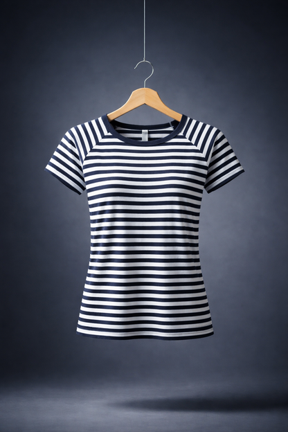 T-shirt Dalmatia Boat Neck Black and white striped t-shirt on a wooden hanger against a dark background