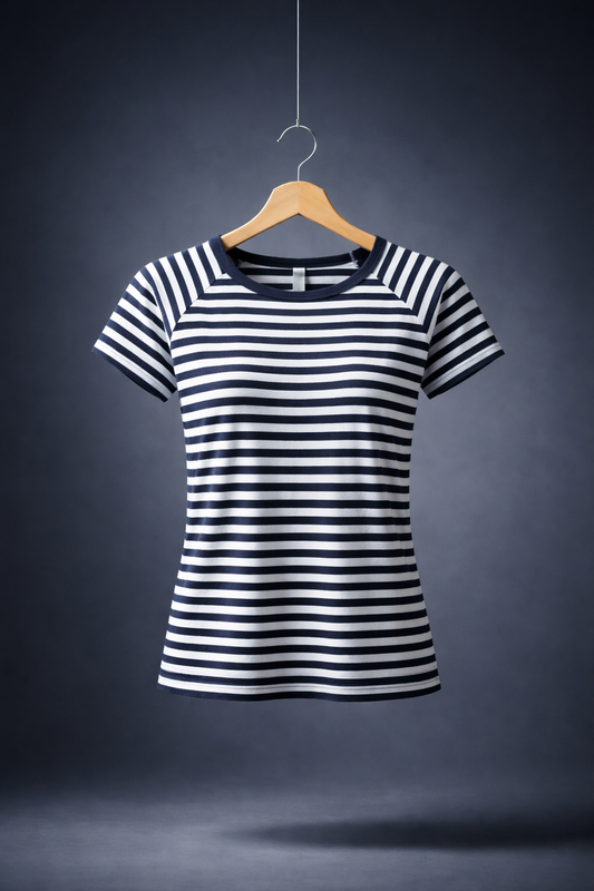 T-shirt Dalmatia Boat Neck Black and white striped t-shirt on a wooden hanger against a dark background