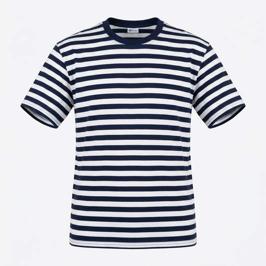 T-shirt Dalmatia Round Neck Navy and white striped t-shirt on a white background
