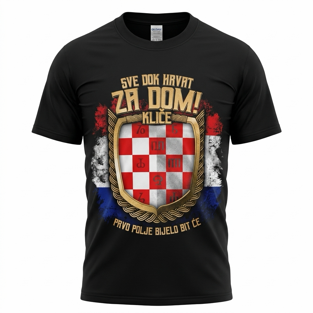 T-shirt Za Dom Black t-shirt with a Croatian flag design and text on a white background