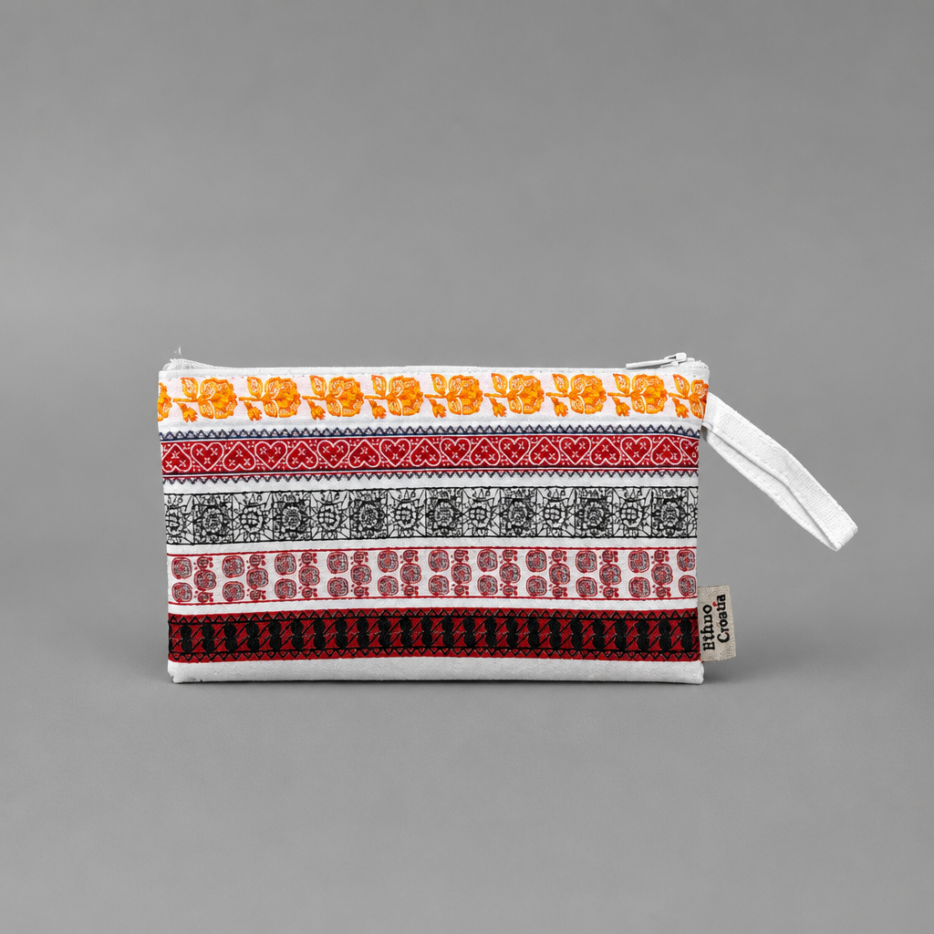 Toaletnu Torbica / Beauty Bag - Ethno Croatia Small pouch with floral and geometric patterns on a gray background