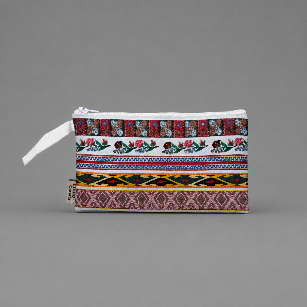 Toaletnu Torbica / Beauty Bag - Ethno Croatia Pouch with colorful patterns on a gray background