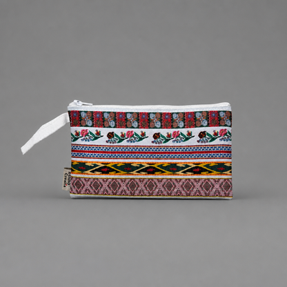 Toaletnu Torbica / Beauty Bag - Ethno Croatia Pouch with colorful patterns on a gray background